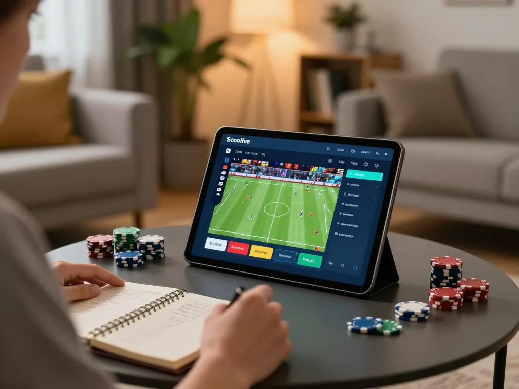 Socolive player engaging in live online soccer betting on a tablet in a cozy home setting