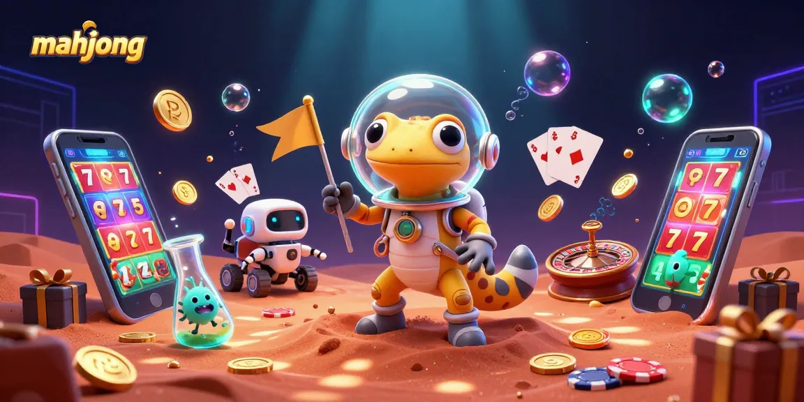 Experience vibrant mahjong action in a colorful scene with a Martian gecko at a golden casino.
