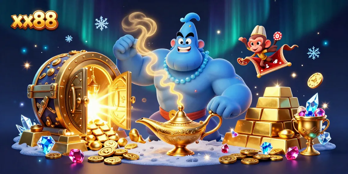 Experience thrill and excitement with xx88's magical casino adventure featuring a genie and treasures.