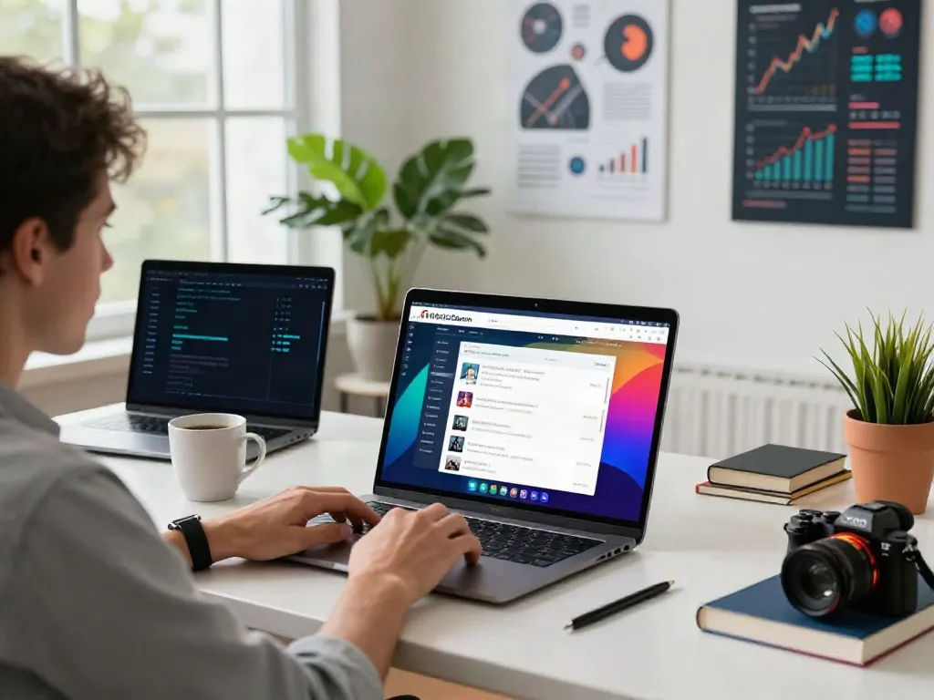 Explore financial insights through FintechZoom.com on a modern workspace filled with charts and market articles.