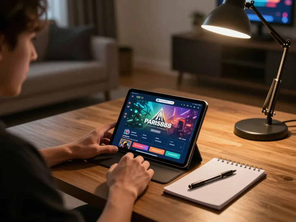 Engaging tablet interface showcasing paris888 gaming options with a cozy home gaming setup