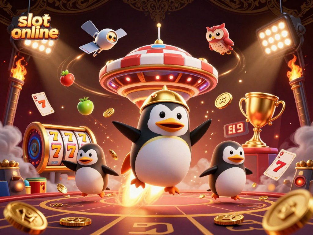 Spin the reels in slot online excitement, as a golden penguin blasts through space toward a casino!