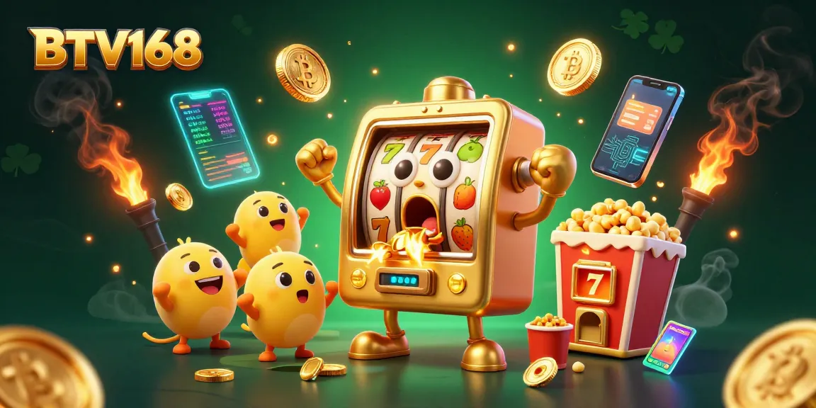 BTV168 showcases an animated jackpot scene with a golden slot machine celebrating a win among cryptocurrencies and vibrant casino elements.