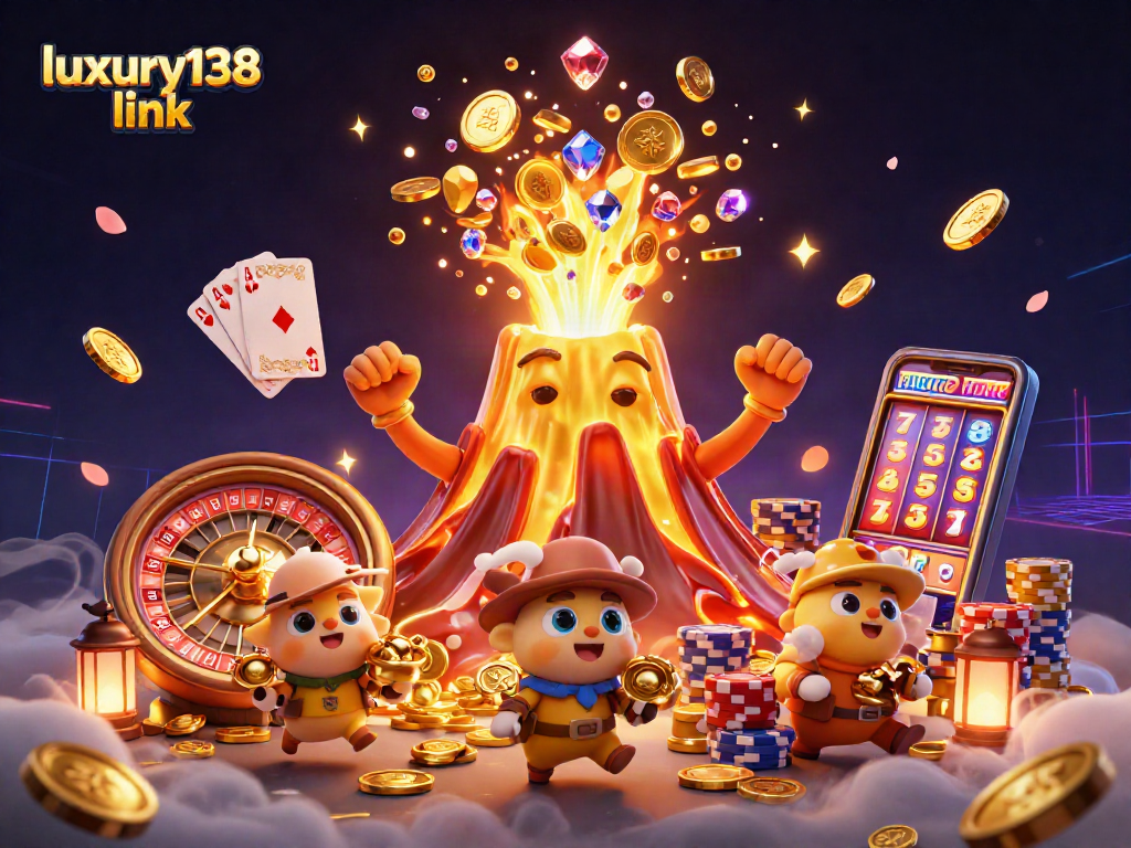 Menangkan hadiah besar dengan luxury138 link di kasino online, dikelilingi koin emas dan harta berkilau.