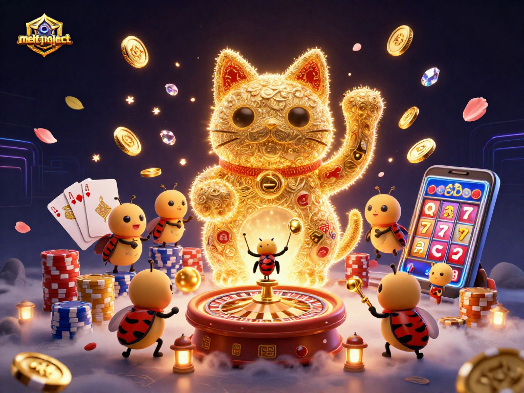 Experience the charm of melt-project where golden fireflies transform into a lucky cat amidst vibrant casino symbols.