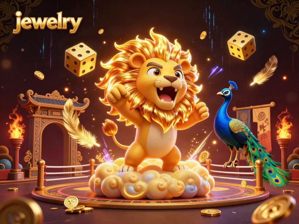 Experience vibrant jewelry action amidst golden dice and animated characters in this dynamic scene.