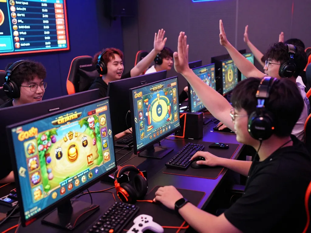 Excited players tải go88 game in a vibrant gaming space with colorful graphics.