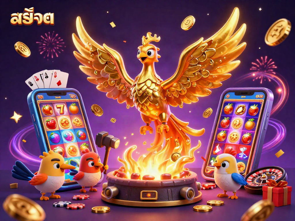 Spin สล็อต reels with golden phoenix amidst vibrant casino elements.