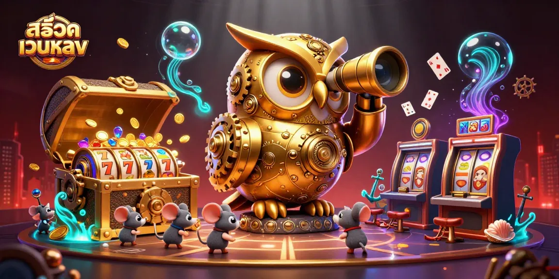 Engage with สล็อตเว็บตรง under the watchful eye of a golden owl amid a vibrant casino scene.
