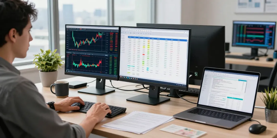 Trader actively using MetaTrader 4 on dual monitors in a modern office, analyzing forex charts and executing trades.