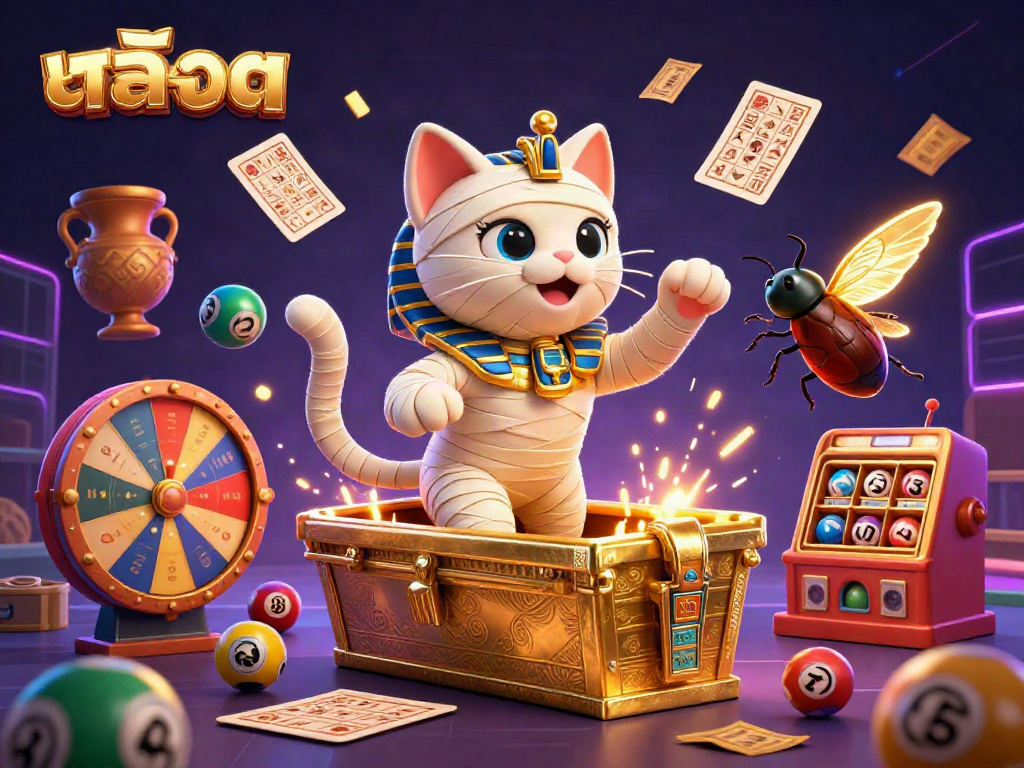 Experience thrilling สล็อต action with a vibrant 3D mummy cat bursting from a golden sarcophagus in a lively casino scene.