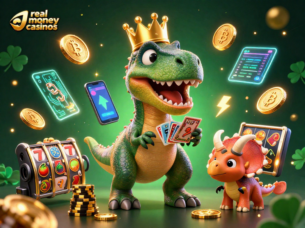 Engaging illustration of real money casinos featuring cartoon dinosaurs playing cards and stacking chips.
