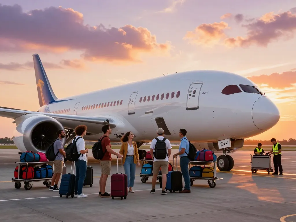 Travelers excitedly approaching the Boeing 787-9P during a stunning sunset.