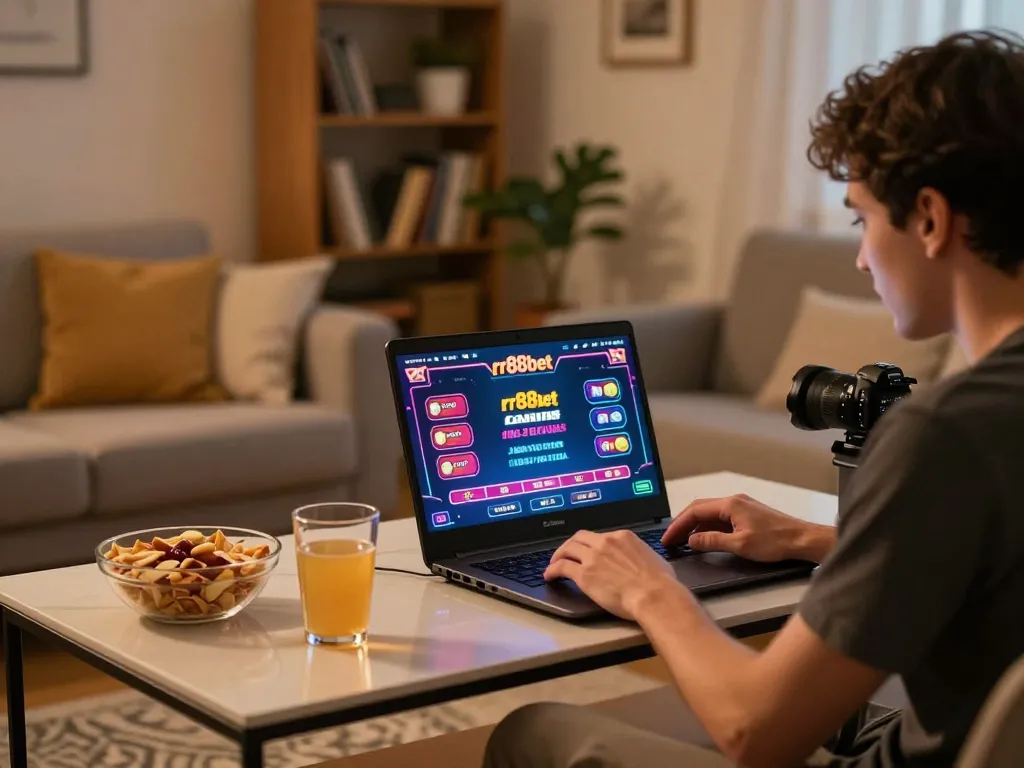 Engaged player using the rr88bet online casino interface on a laptop during a cozy home gaming night.