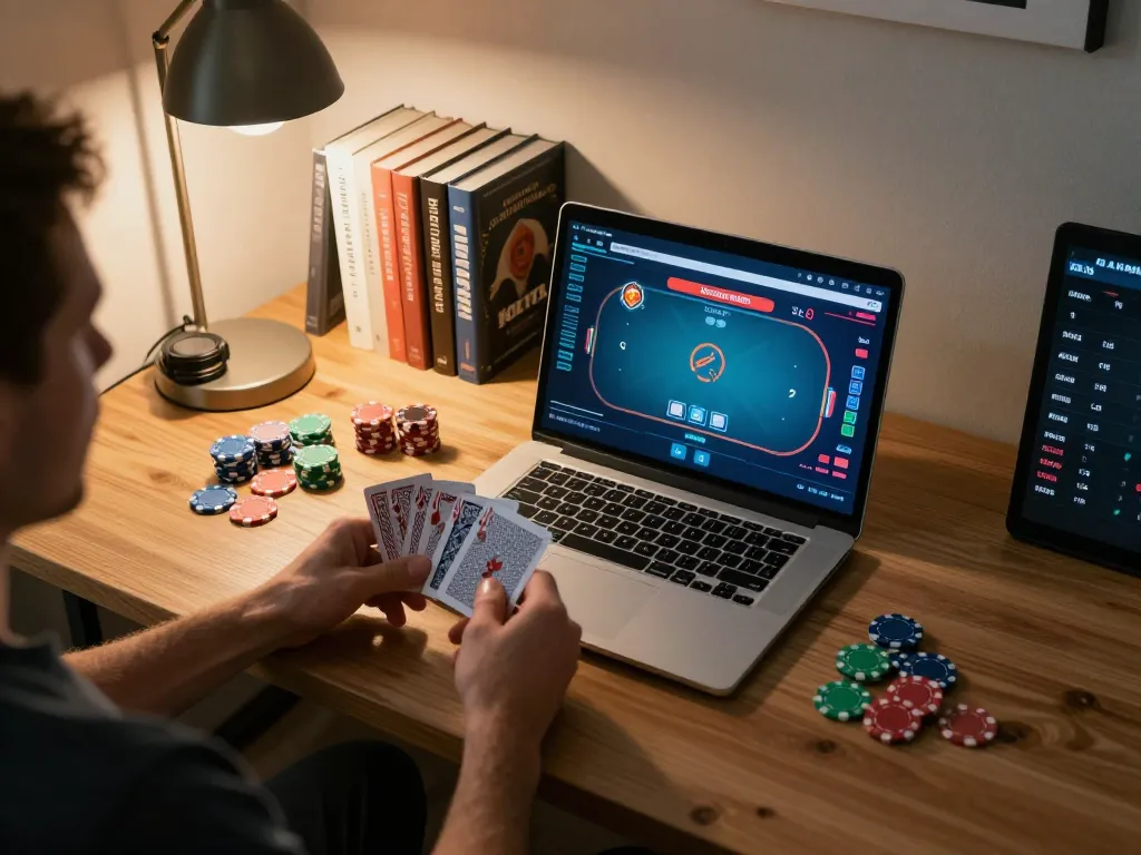 Engaging in casino non aams per italiani online poker from home, with laptop showing gameplay.