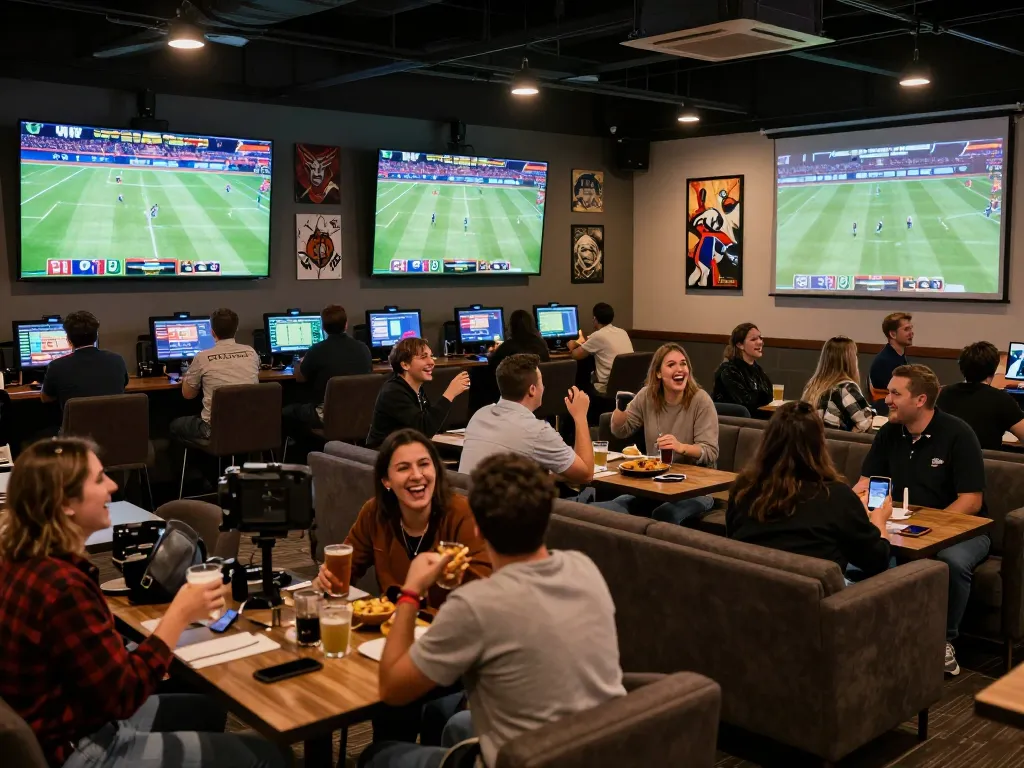 Cakhiatv sports betting lounge filled with fans cheering and enjoying live match highlights.