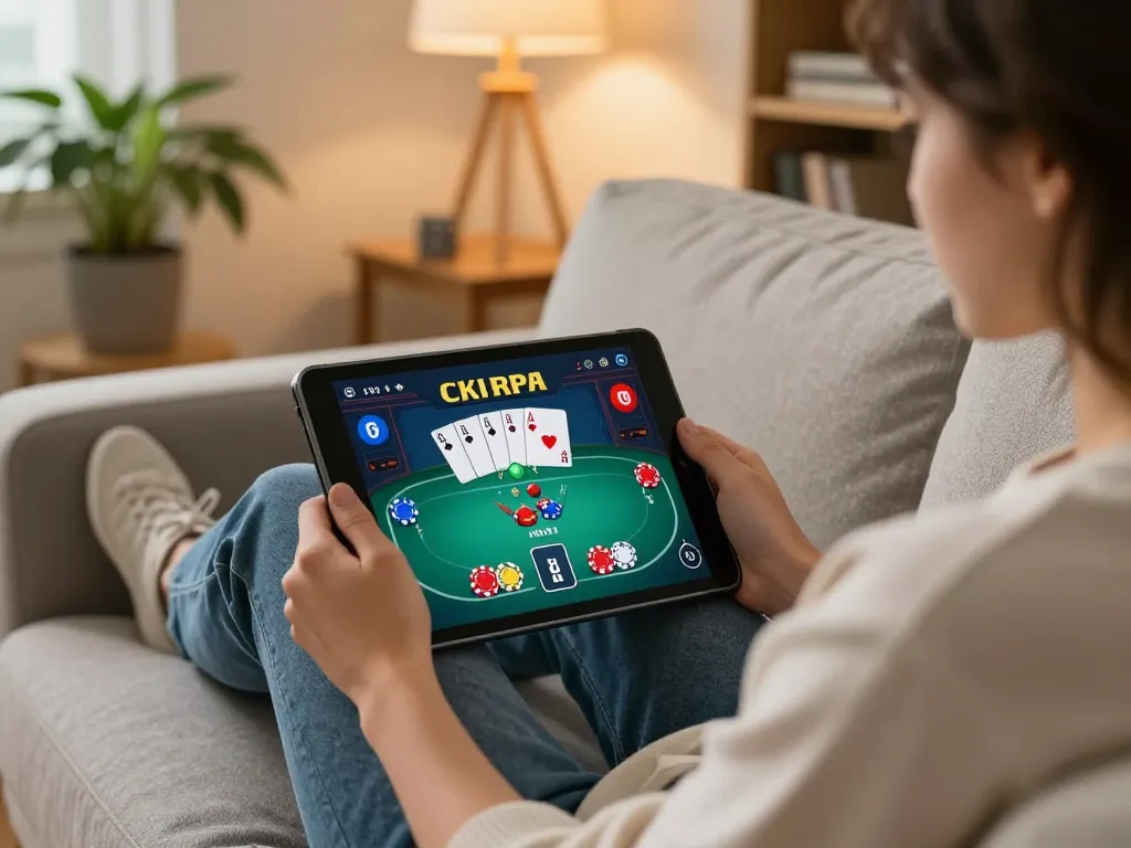 Experience MM99 poker gaming action on a tablet in a cozy home setting.