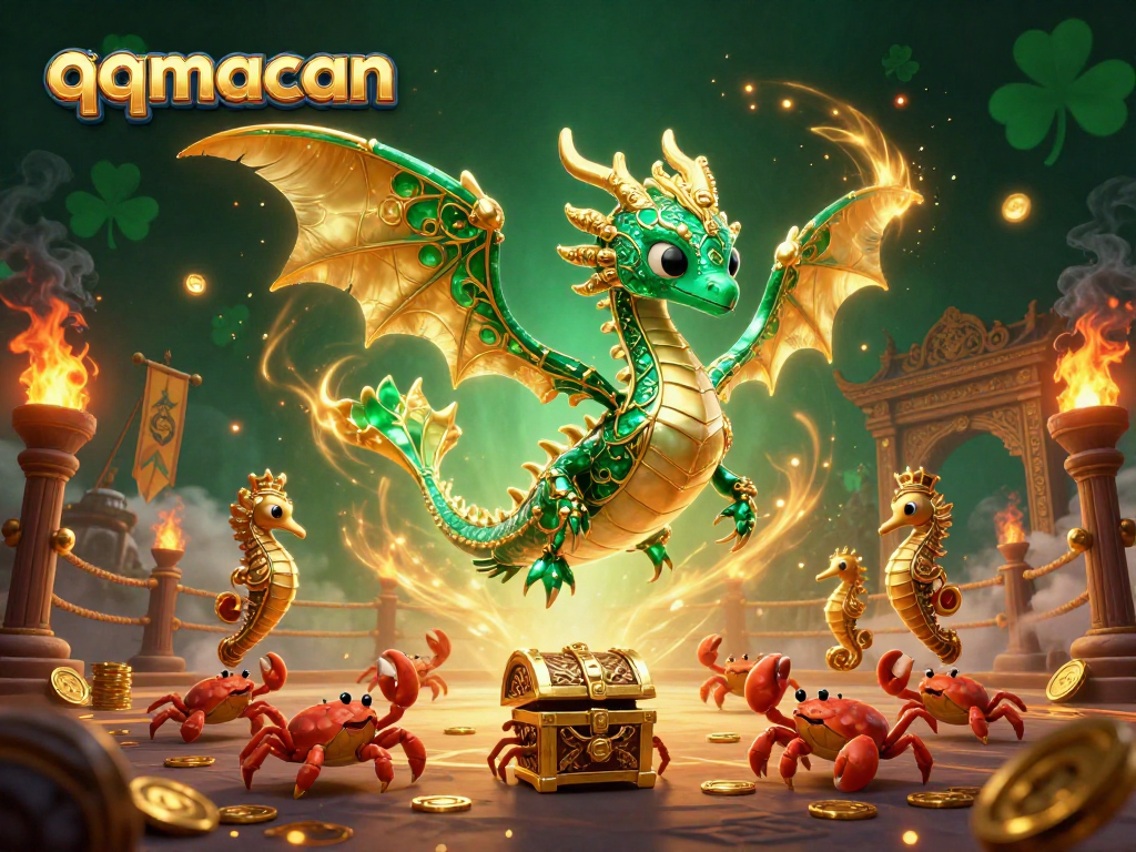 Engage boldly with qqmacan, a vibrant dragon guarding treasures in a fiery casino atmosphere.