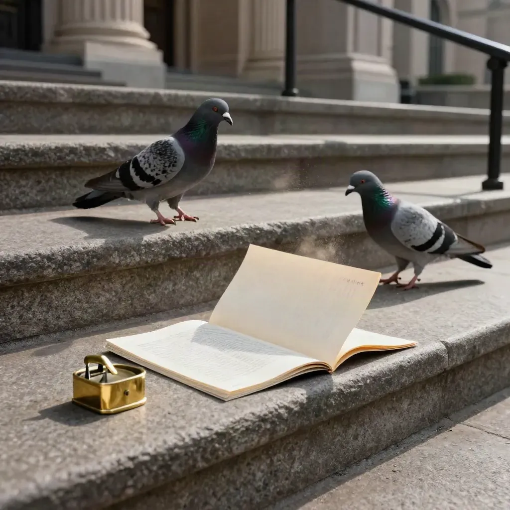 Courthouse steps with a satire booklet, brass paperweight, and pigeons taking off in wind.