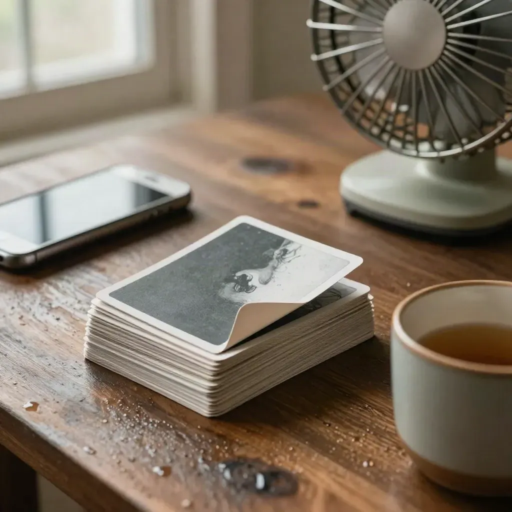 Face-down joke cards, phone, mug and desk fan on a rain-darkened table in moody morning light.