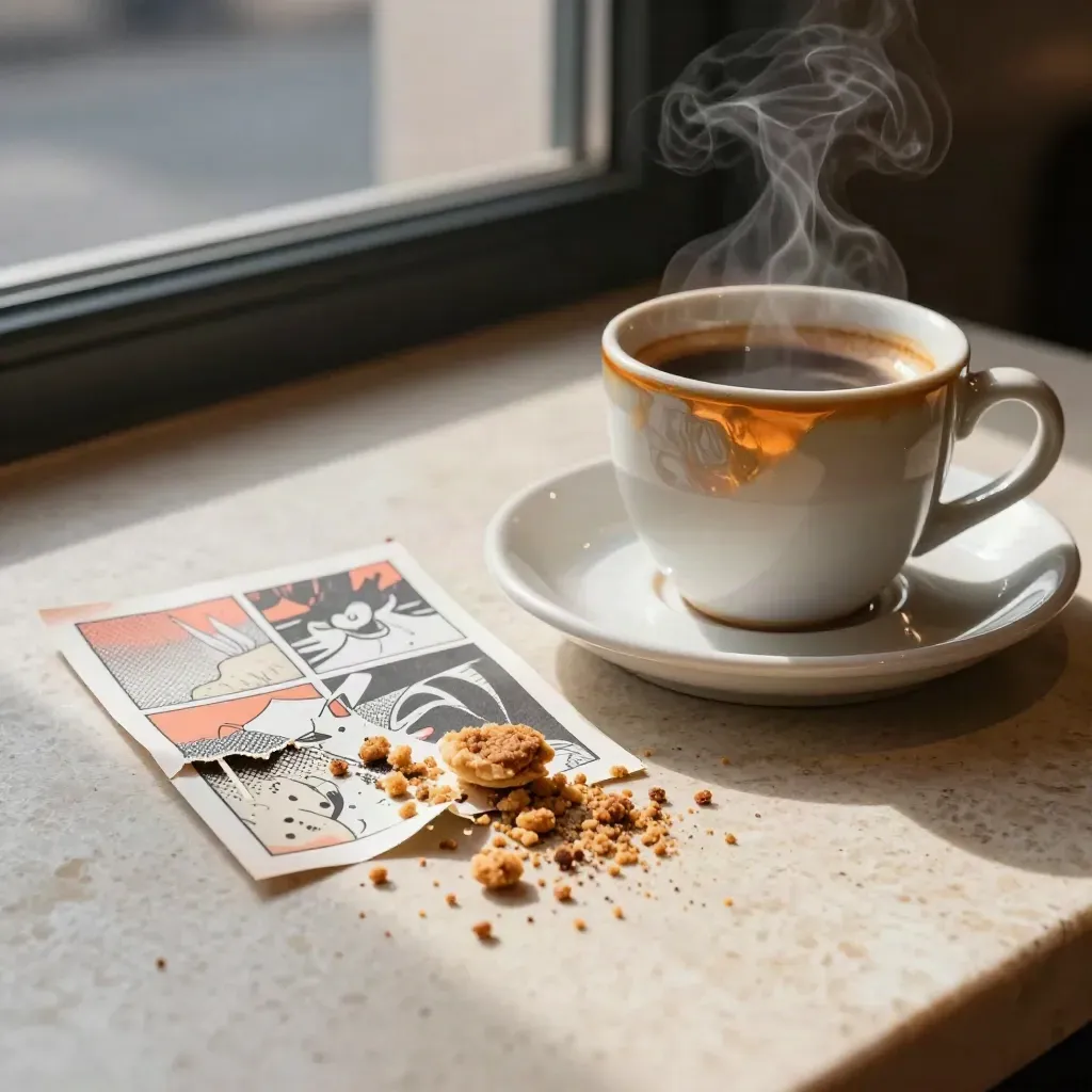 Steaming coffee cup beside torn comic-card scraps on a cafe table with pastry crumbs.