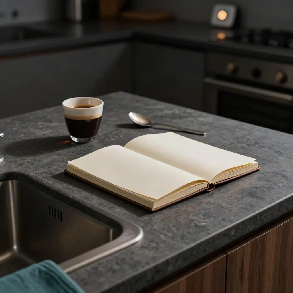 Midnight kitchen island with espresso cup, notebook, spoon, and glowing oven clock