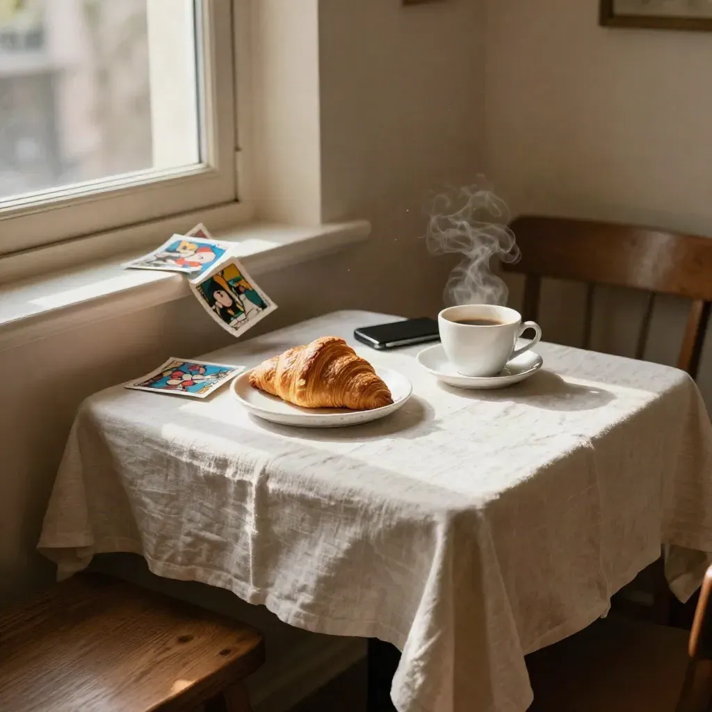 Breakfast nook with croissant, face-down postcards, phone, and steaming coffee in warm window light.
