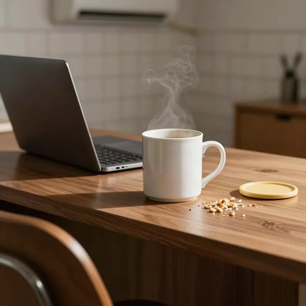 Office break-room counter with mug, closed laptop, crumbs, and chair arm