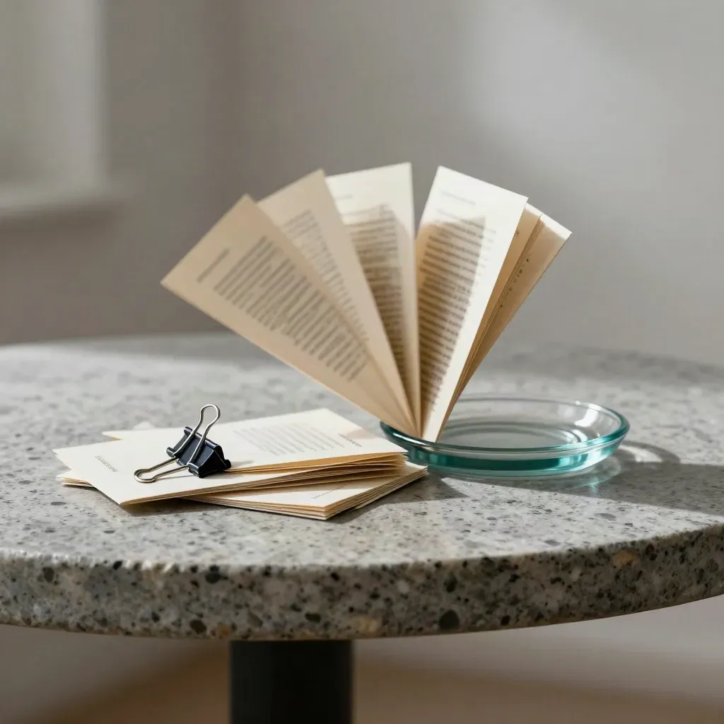 Folded joke cards falling above stone table beside a clip and glass dish