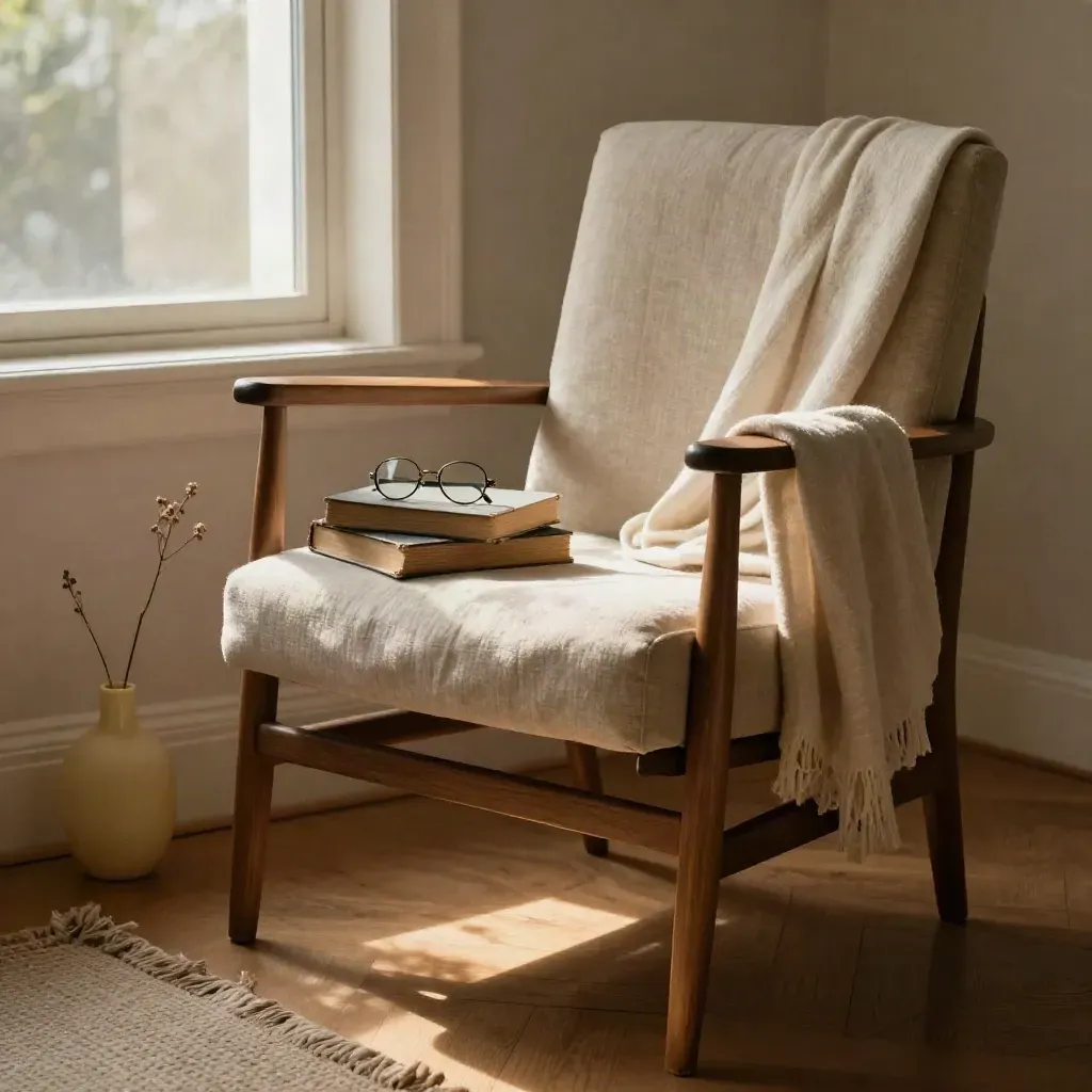 Window-side reading chair with vintage books, glasses, linen throw, and dried stem in warm afternoon light