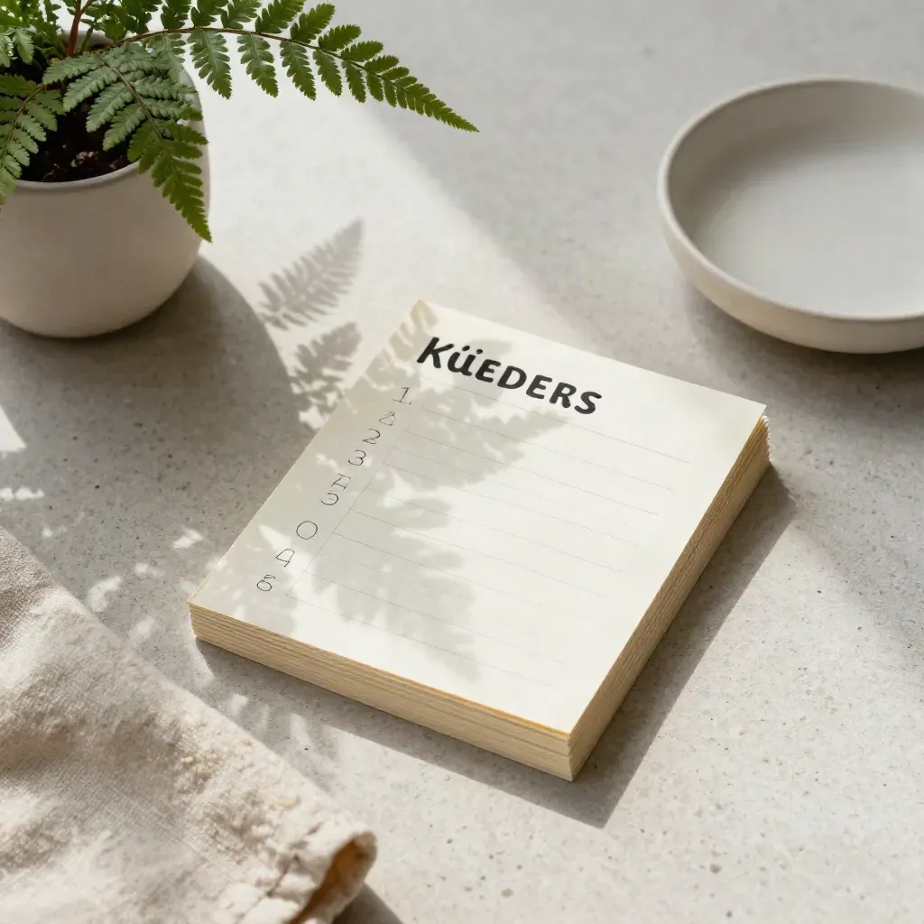Overhead flatlay of joke-list cards, fern, ceramic dish and cloth on pale stone.