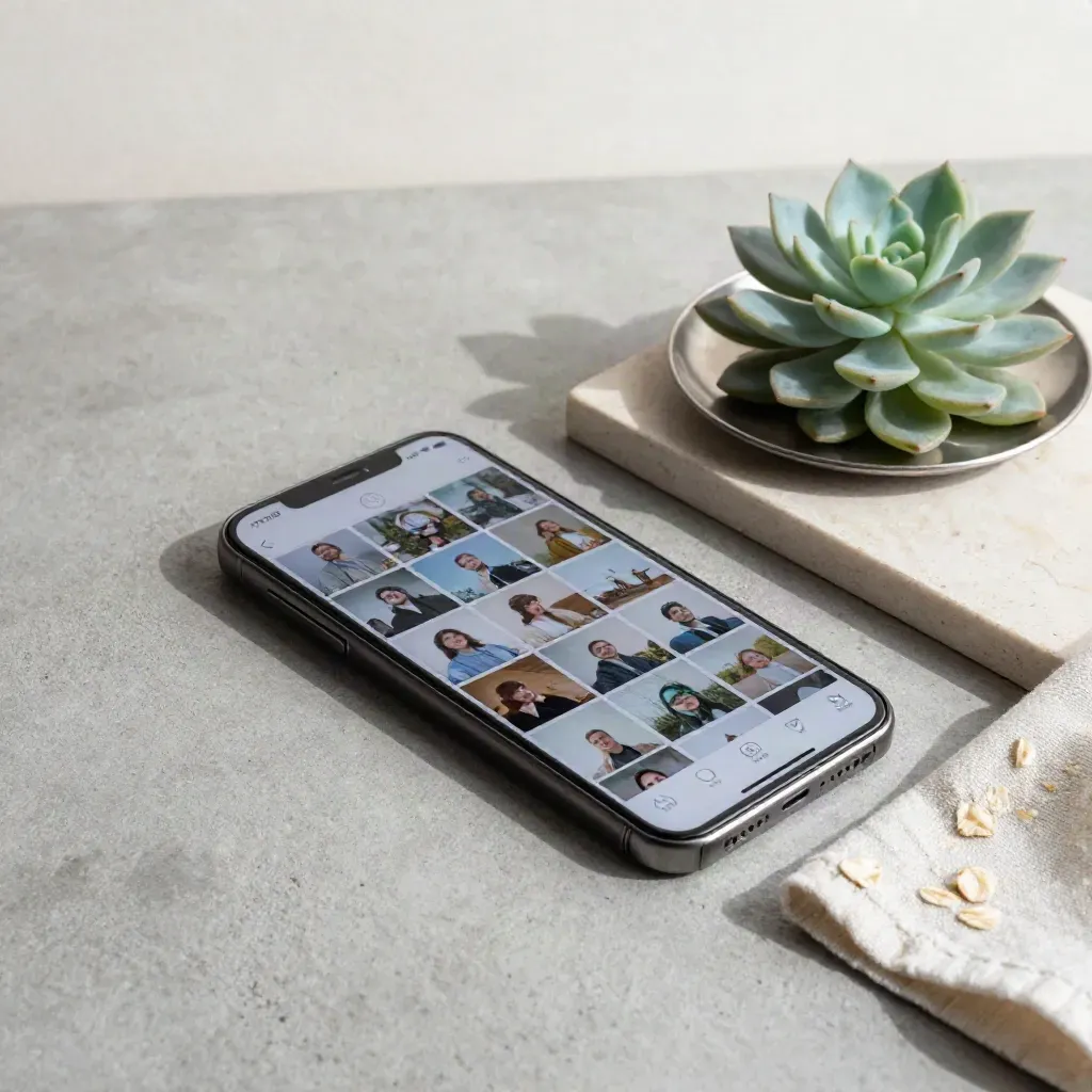 Face-down smartphone with meme prints, succulent and metal dish on a stone tray.