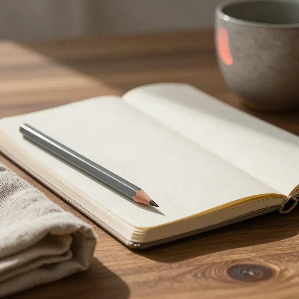 Half-open caption notebook, pencil, linen cloth and stone cup on walnut wood in soft light.