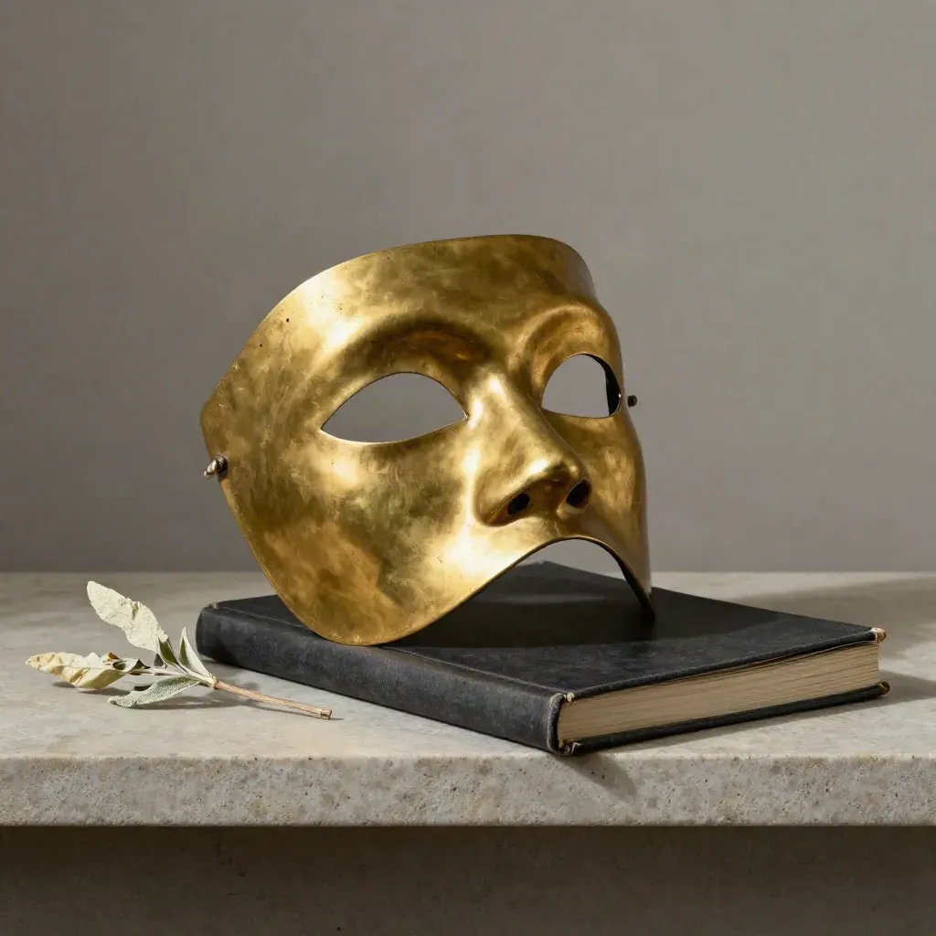 Brass theatre-mask paperweight, folded black booklet, and dry sprig on a stone shelf.