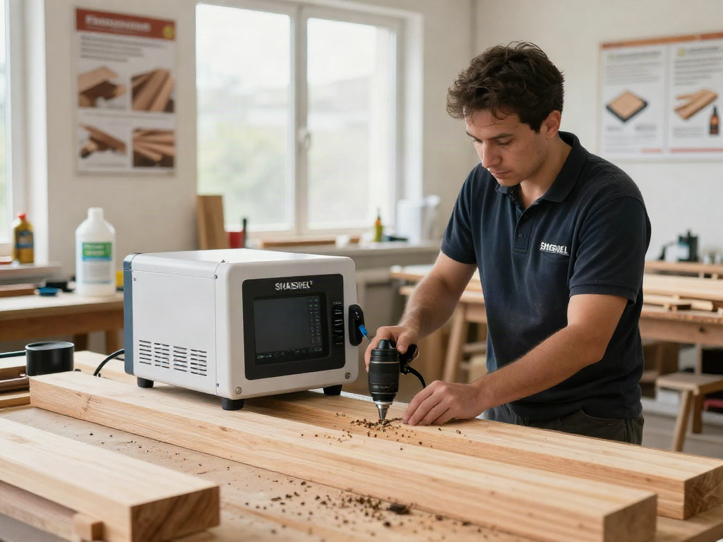 SHASHEL® microwave equipment eliminating wood-boring insects in a modern workshop.