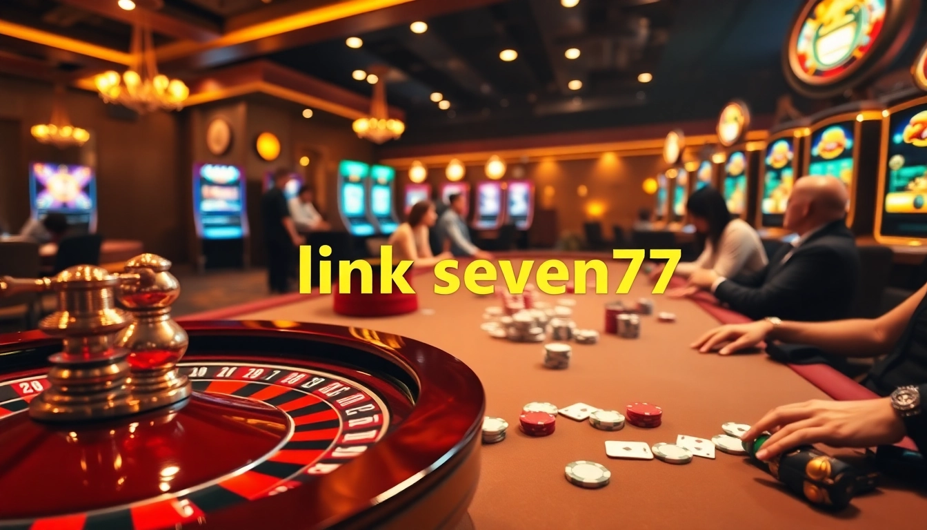 Experience the thrill of gambling with 'link seven77' at a luxurious casino scene featuring roulette, poker, and vibrant slots.