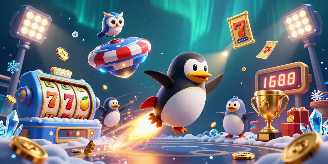 Experience Spaceman with dazzling slot reels and golden penguin winning big in a vibrant casino space.