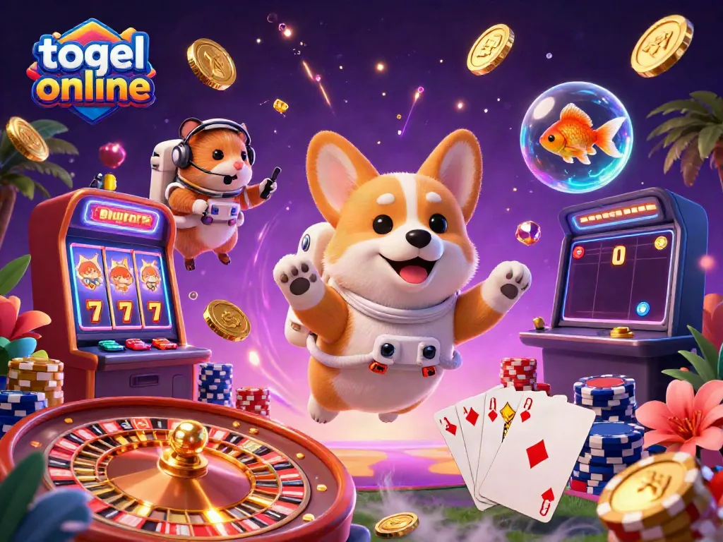 Experience the thrill of togel online in a dynamic 3D casino scene with a playful astronaut corgi.