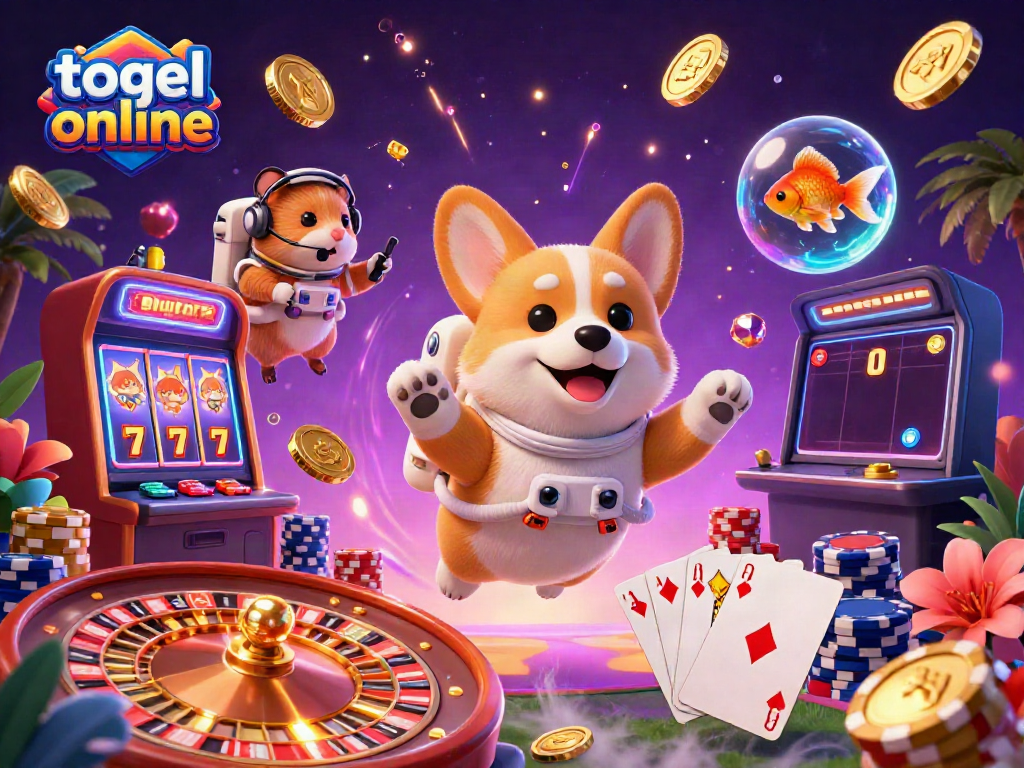 Experience the thrill of togel online in a dynamic 3D casino scene with a playful astronaut corgi.