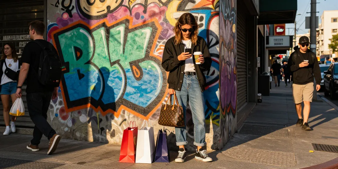 Trendy model in stylish replica clothing from a 레플리카 쇼핑몰 on urban street corner.
