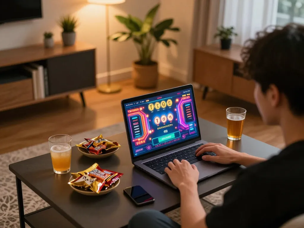 Engaging in togel singapore online gaming with colorful interface and snacks