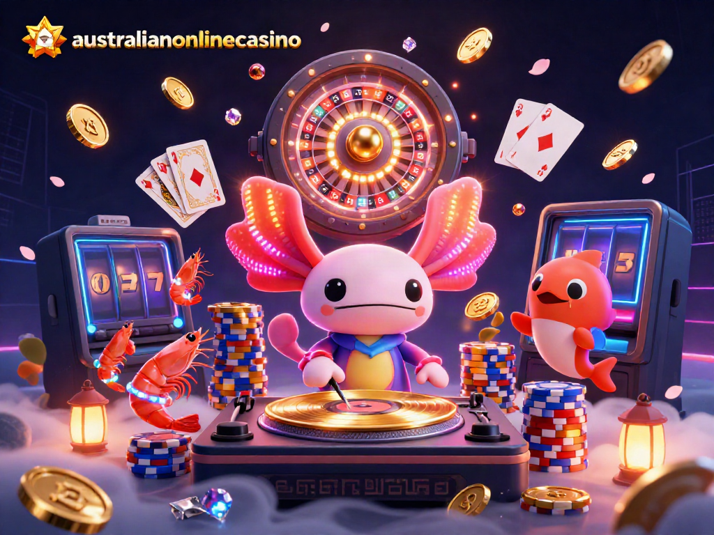 Experience vibrant gaming with the australianonlinecasino featuring animated axolotl DJ and dynamic casino elements.