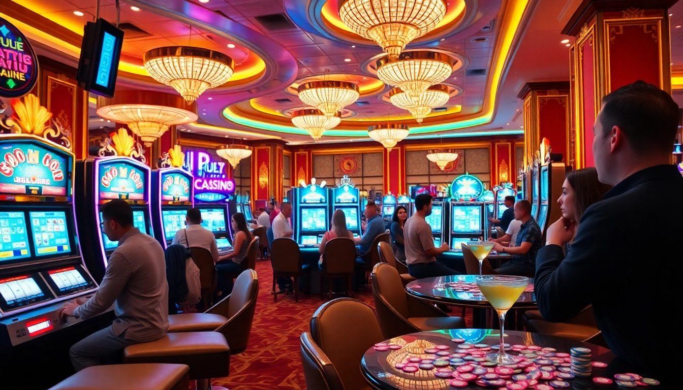 Permainan slot menarik di xgslot88 dengan lampu warna-warni dan pemain antusias.