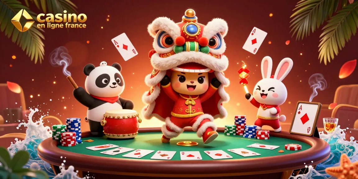 Jouez au casino en ligne France avec une atmosphère festive illustrée par des personnages dansants et des éléments de poker.