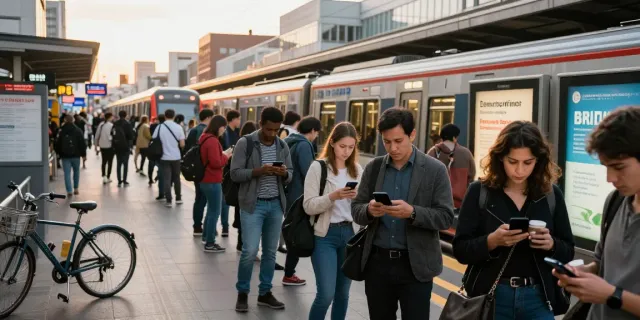 City commuters waiting at a train station amid transport delays, checking smartphones.