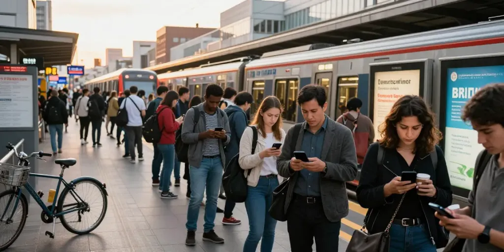City commuters waiting at a train station amid transport delays, checking smartphones.