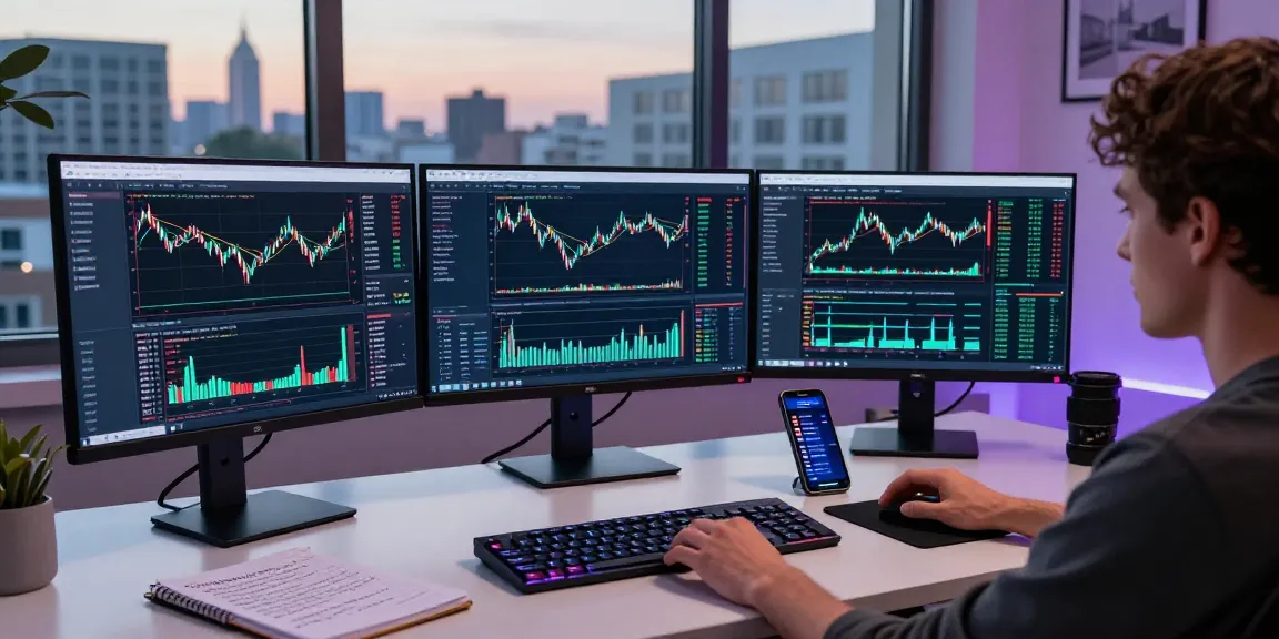 Trader utilizing mt5 software for analyzing market trends at a modern desk with multiple screens and gadgets.