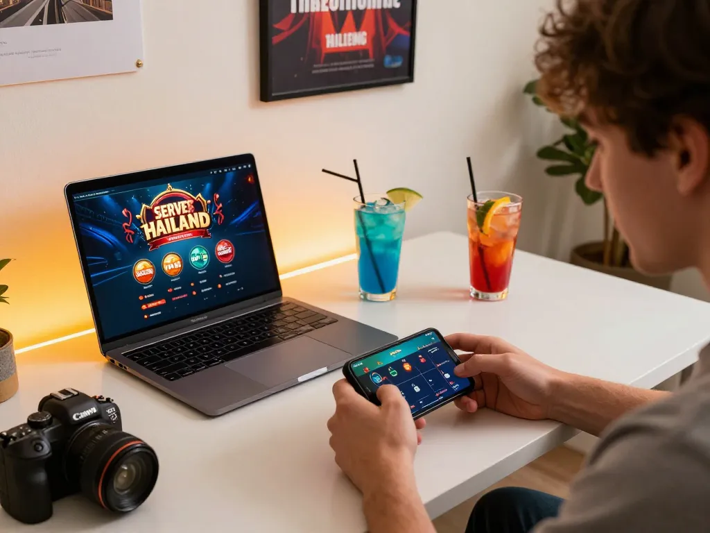 Player engaging with server thailand online casino app on smartphone, demonstrating strategic gameplay.