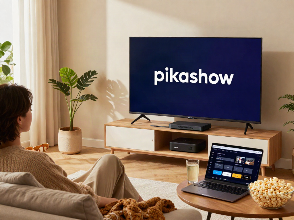 Enjoy Pikashow on smart TV while relaxing on stylish couch with popcorn.
