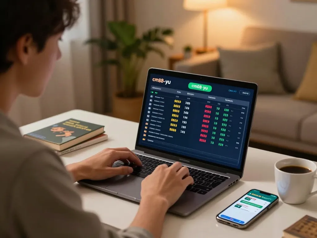 Engaged bettor analyzing odds on laptop with cm88-yu app in a cozy home setting.